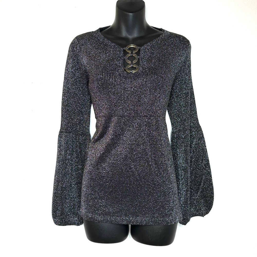 August Silk Women's Knit Top L Metallic Black Shimmer Bell Sleeves Fairy Goth